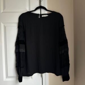 LOFT Black Long Sleeve Blouse with Lace Sleeve Detail Size M